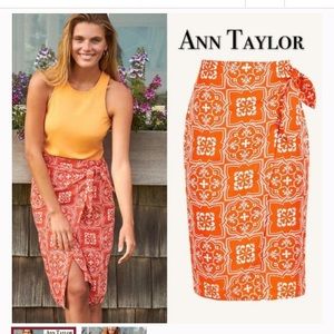 Ann Taylor orange tile print wrap skirt